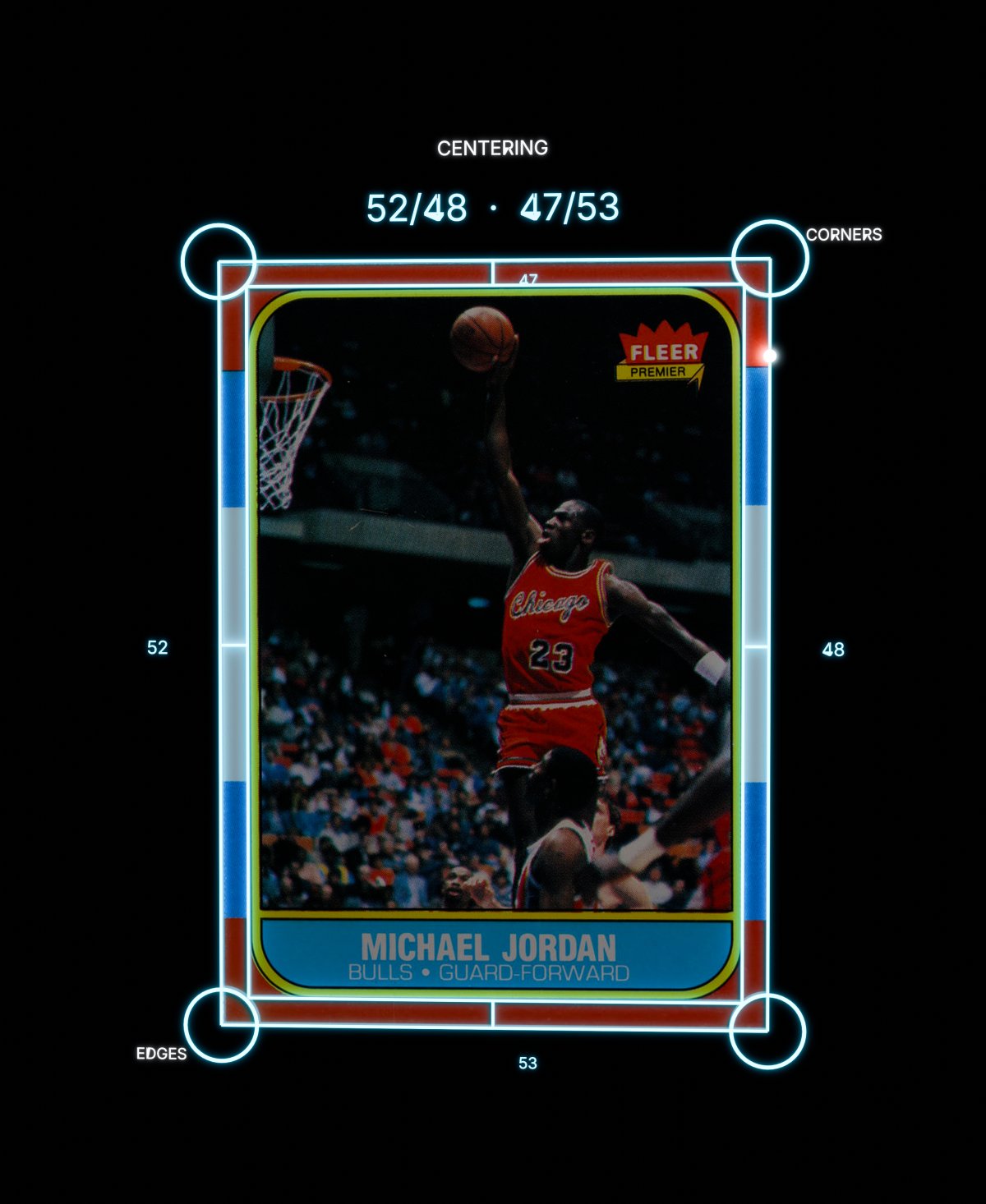 A 1986 Fleer Michael Jordan with the measured card edge and printed border outlined; centering 52/48 left to right and 47/53 top to bottom.